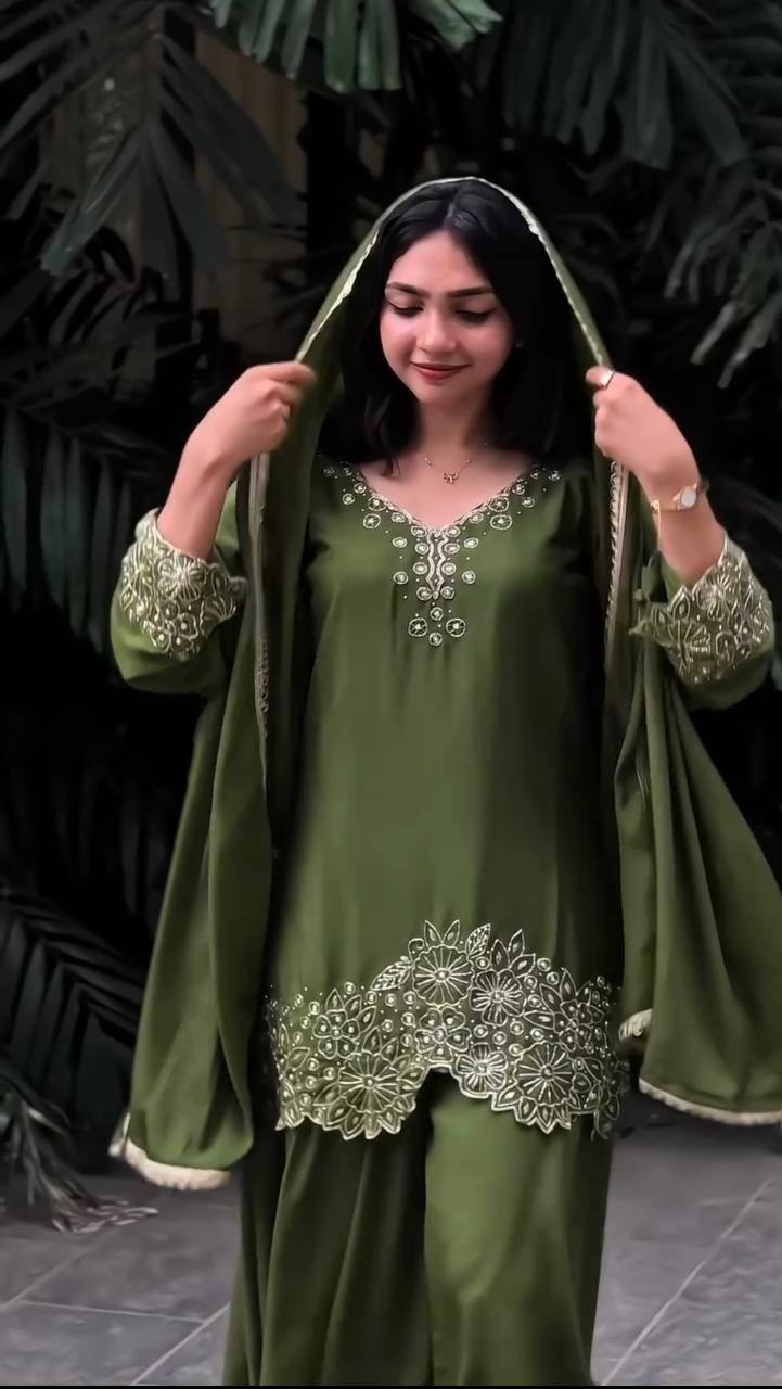 Designer Party Wear Look Top-Plazzo and Dupatta With Heavy Embroidery Beads Work
