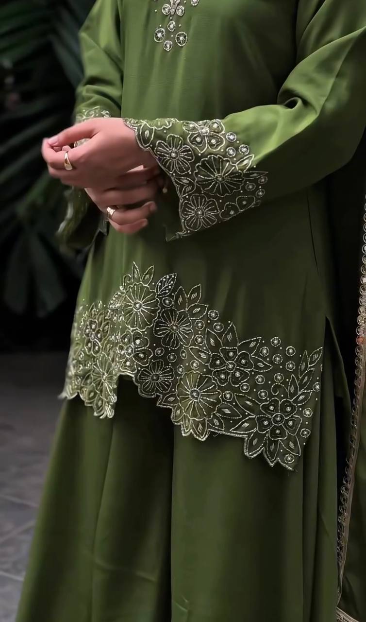Designer Party Wear Look Top-Plazzo and Dupatta With Heavy Embroidery Beads Work