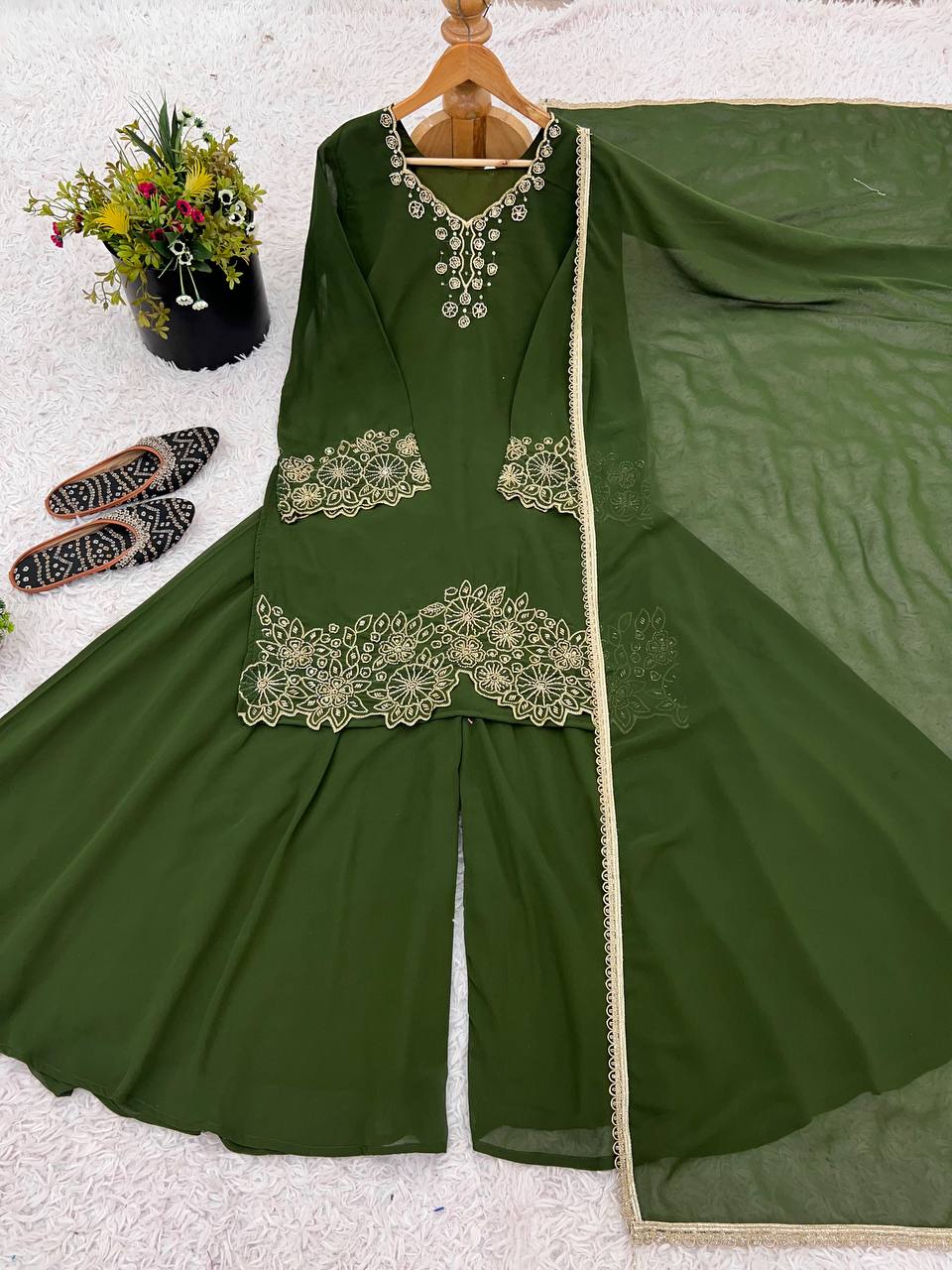 Designer Party Wear Look Top-Plazzo and Dupatta With Heavy Embroidery Beads Work