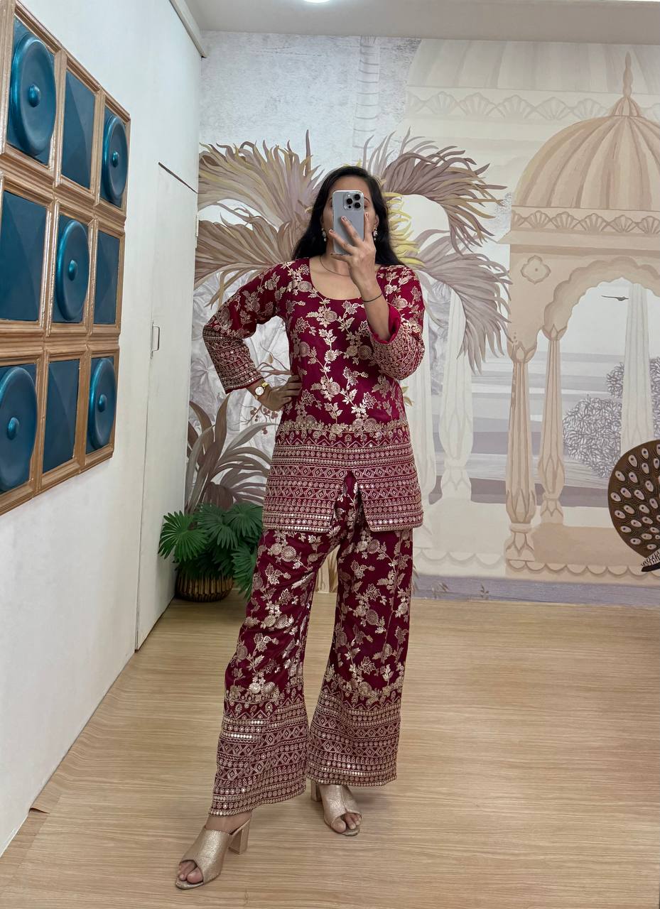 WE ARE LAUNCHING NEW SUPERHIT TRENDING SUMMER COLLECTION CO-ORD SET WITH FULL EMBROIDERY WORK ON DOLA SILK WEAVING FABRIC