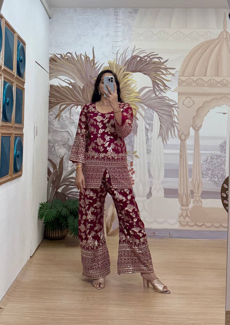 WE ARE LAUNCHING NEW SUPERHIT TRENDING SUMMER COLLECTION CO-ORD SET WITH FULL EMBROIDERY WORK ON DOLA SILK WEAVING FABRIC
