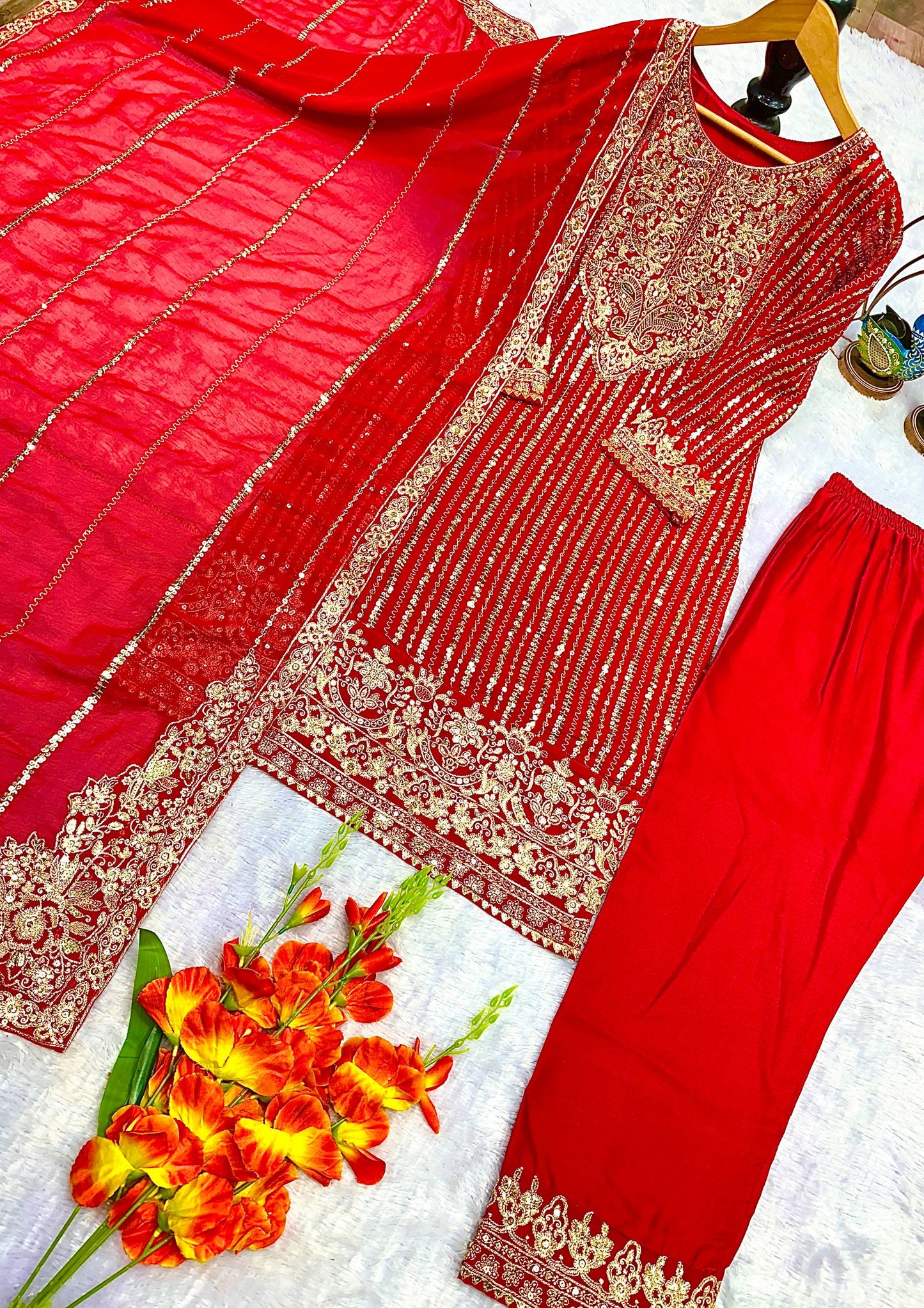 NEW ĐĚSIGNER PARTY WEAR TOP AND PANT . WITH FANCY DUPPATA WITH EMBROIDERY WORK