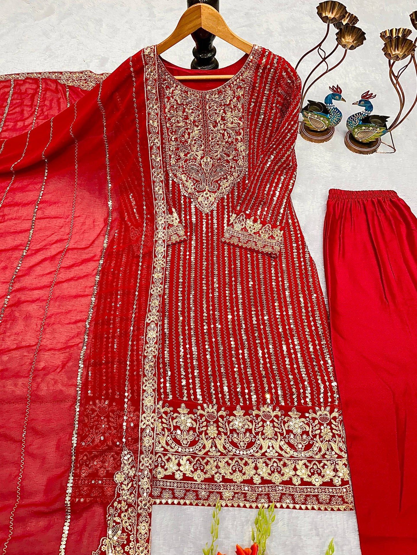 NEW ĐĚSIGNER PARTY WEAR TOP AND PANT . WITH FANCY DUPPATA WITH EMBROIDERY WORK