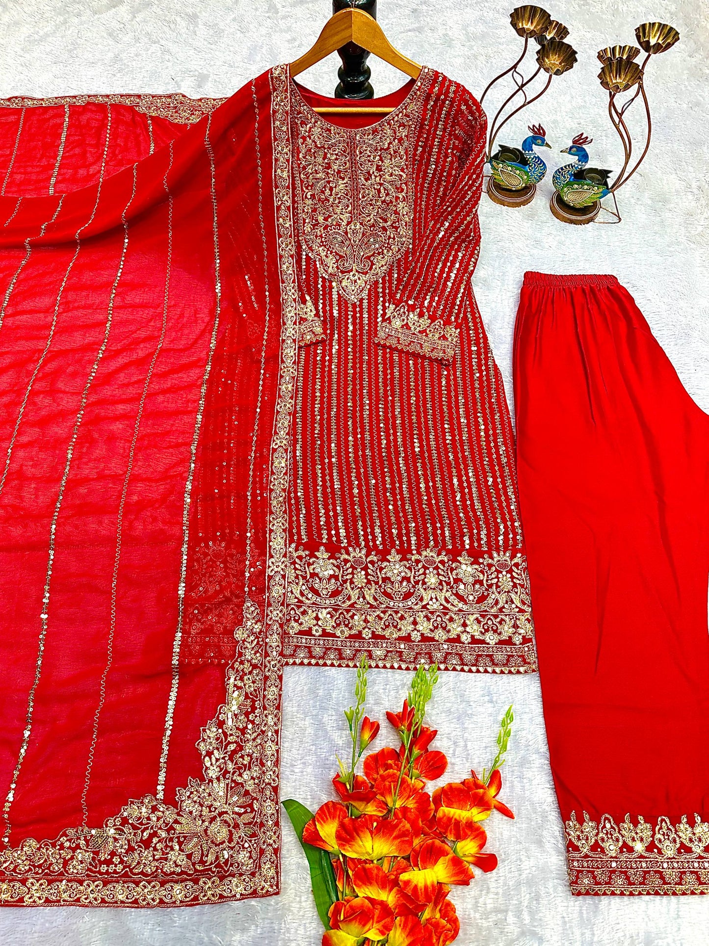 NEW ĐĚSIGNER PARTY WEAR TOP AND PANT . WITH FANCY DUPPATA WITH EMBROIDERY WORK