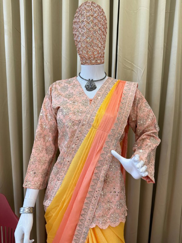 INDO-WESTERN DRAPE SAREE….* 🚀 *🥻WE ARE LAUNCHING NEW SUPERHIT TRENDING INDO-WESTERN READY TO WEAR SAREE WITH FULLY EMBROIDERED KOTI ON CHINON FABRIC WITH STITCH BLOUSE