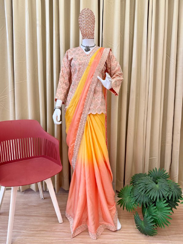 INDO-WESTERN DRAPE SAREE….* 🚀 *🥻WE ARE LAUNCHING NEW SUPERHIT TRENDING INDO-WESTERN READY TO WEAR SAREE WITH FULLY EMBROIDERED KOTI ON CHINON FABRIC WITH STITCH BLOUSE