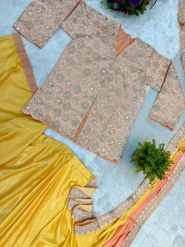 INDO-WESTERN DRAPE SAREE….* 🚀 *🥻WE ARE LAUNCHING NEW SUPERHIT TRENDING INDO-WESTERN READY TO WEAR SAREE WITH FULLY EMBROIDERED KOTI ON CHINON FABRIC WITH STITCH BLOUSE