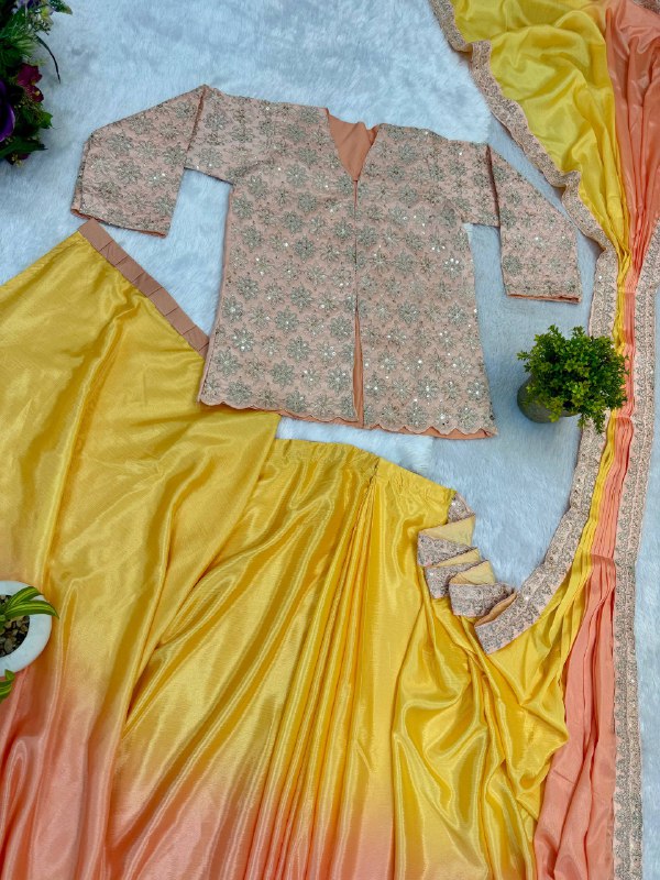 INDO-WESTERN DRAPE SAREE….* 🚀 *🥻WE ARE LAUNCHING NEW SUPERHIT TRENDING INDO-WESTERN READY TO WEAR SAREE WITH FULLY EMBROIDERED KOTI ON CHINON FABRIC WITH STITCH BLOUSE
