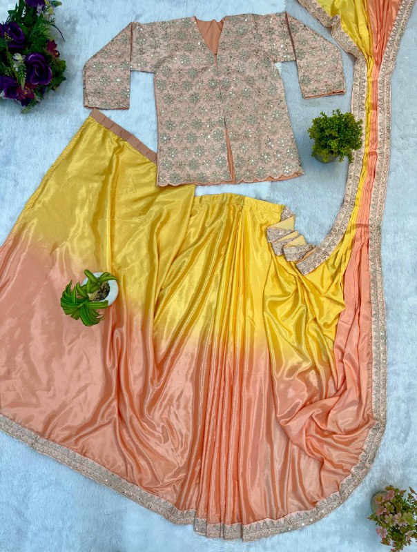 INDO-WESTERN DRAPE SAREE….* 🚀 *🥻WE ARE LAUNCHING NEW SUPERHIT TRENDING INDO-WESTERN READY TO WEAR SAREE WITH FULLY EMBROIDERED KOTI ON CHINON FABRIC WITH STITCH BLOUSE