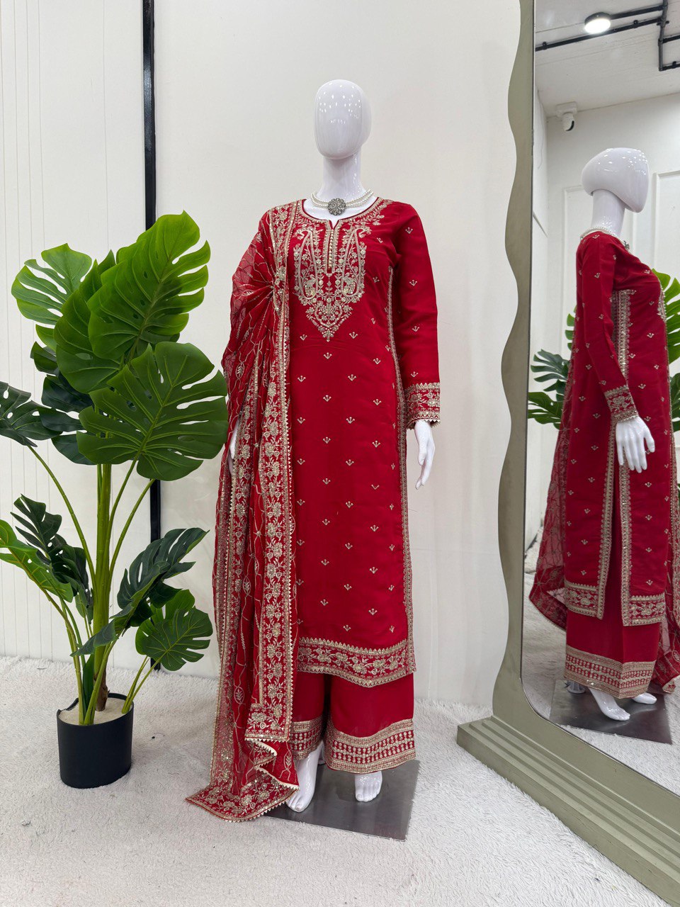 Looking for this same colour beautiful Designer Suit on Roman Silk febric With Thred & Sequnce work and Palzoo on also Roman Silk febric With Thred & Sequnce work and Dupatta on Faux Georgette febric with Thred & Sequence work.