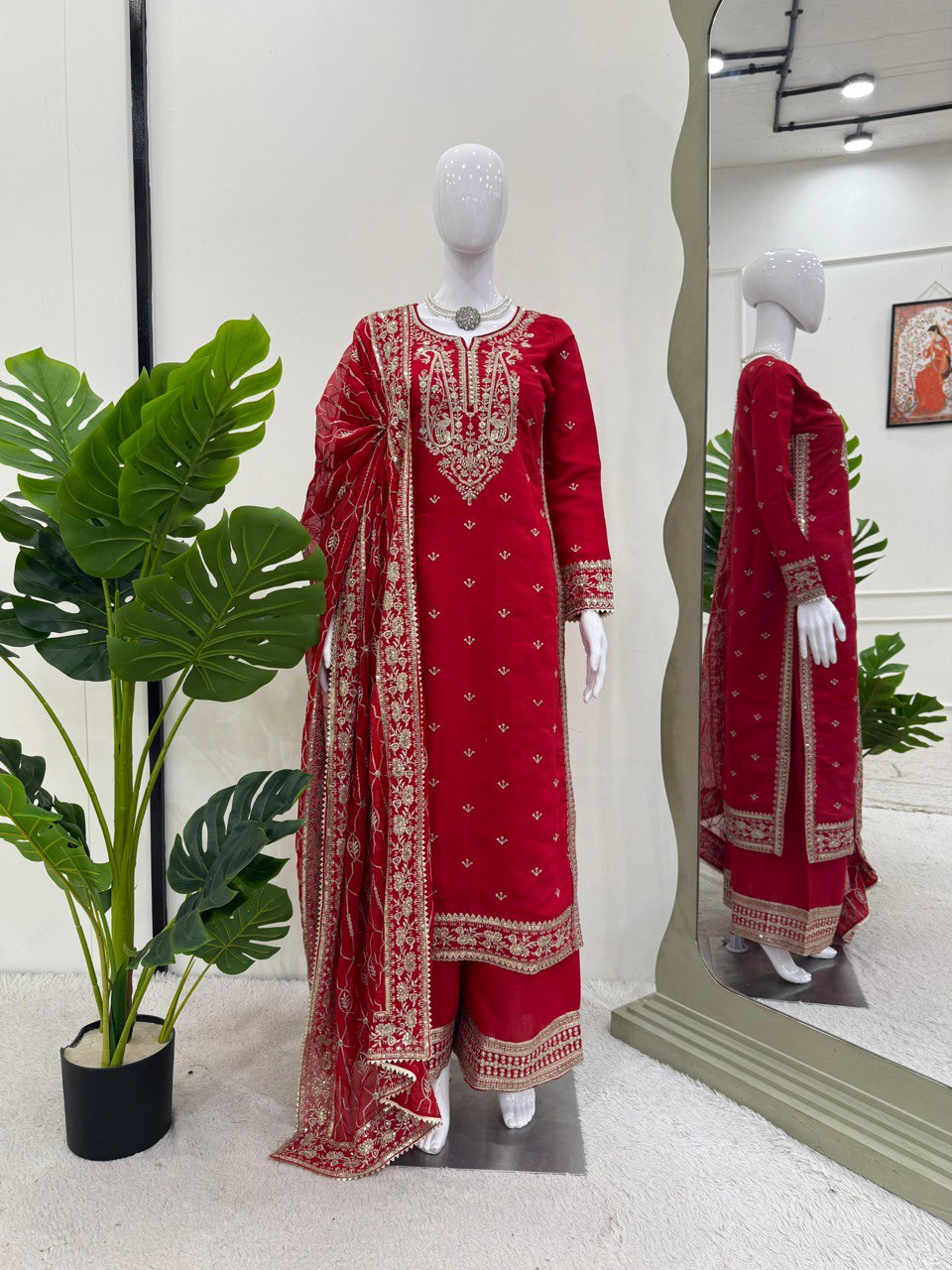 Looking for this same colour beautiful Designer Suit on Roman Silk febric With Thred & Sequnce work and Palzoo on also Roman Silk febric With Thred & Sequnce work and Dupatta on Faux Georgette febric with Thred & Sequence work.