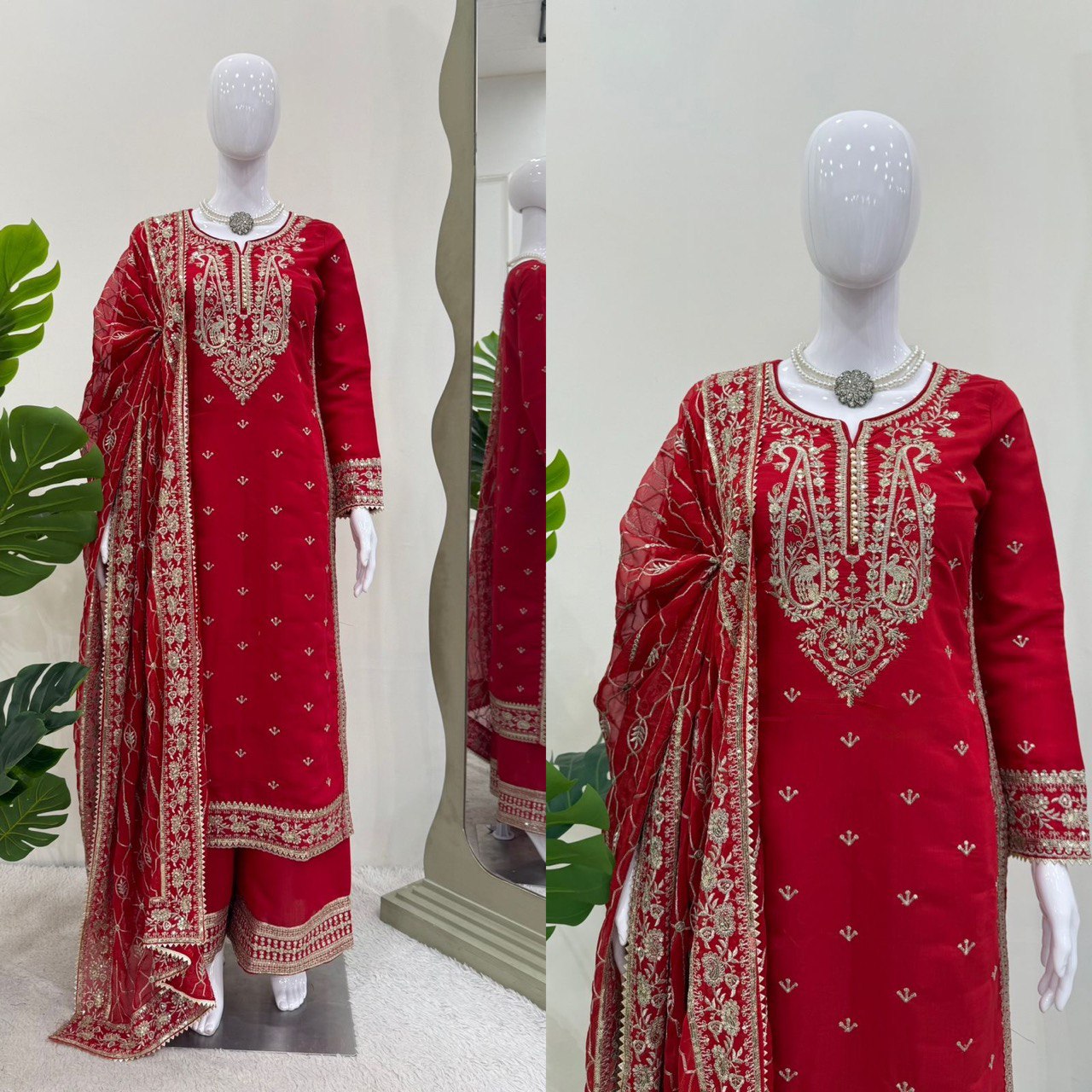 Looking for this same colour beautiful Designer Suit on Roman Silk febric With Thred & Sequnce work and Palzoo on also Roman Silk febric With Thred & Sequnce work and Dupatta on Faux Georgette febric with Thred & Sequence work.