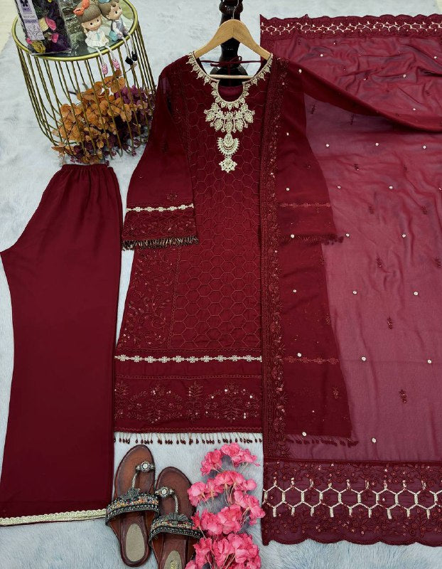 Party Wear Look Pur Heavy Faux Georgette Top Plazzo & Dupatta Set WEDDING
