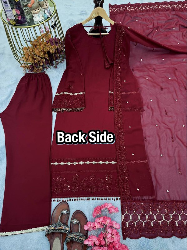 Party Wear Look Pur Heavy Faux Georgette Top Plazzo & Dupatta Set WEDDING