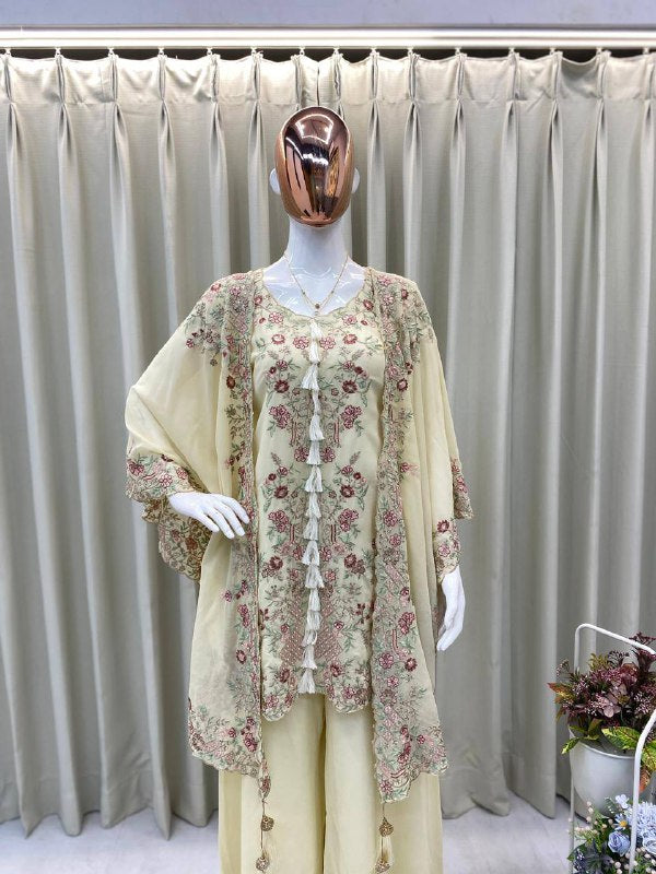 DESIGNER WEAR KURTA PLAZZO PAIR WITH SHRUGE IN SEQUENCE EMBROIDERY WORK