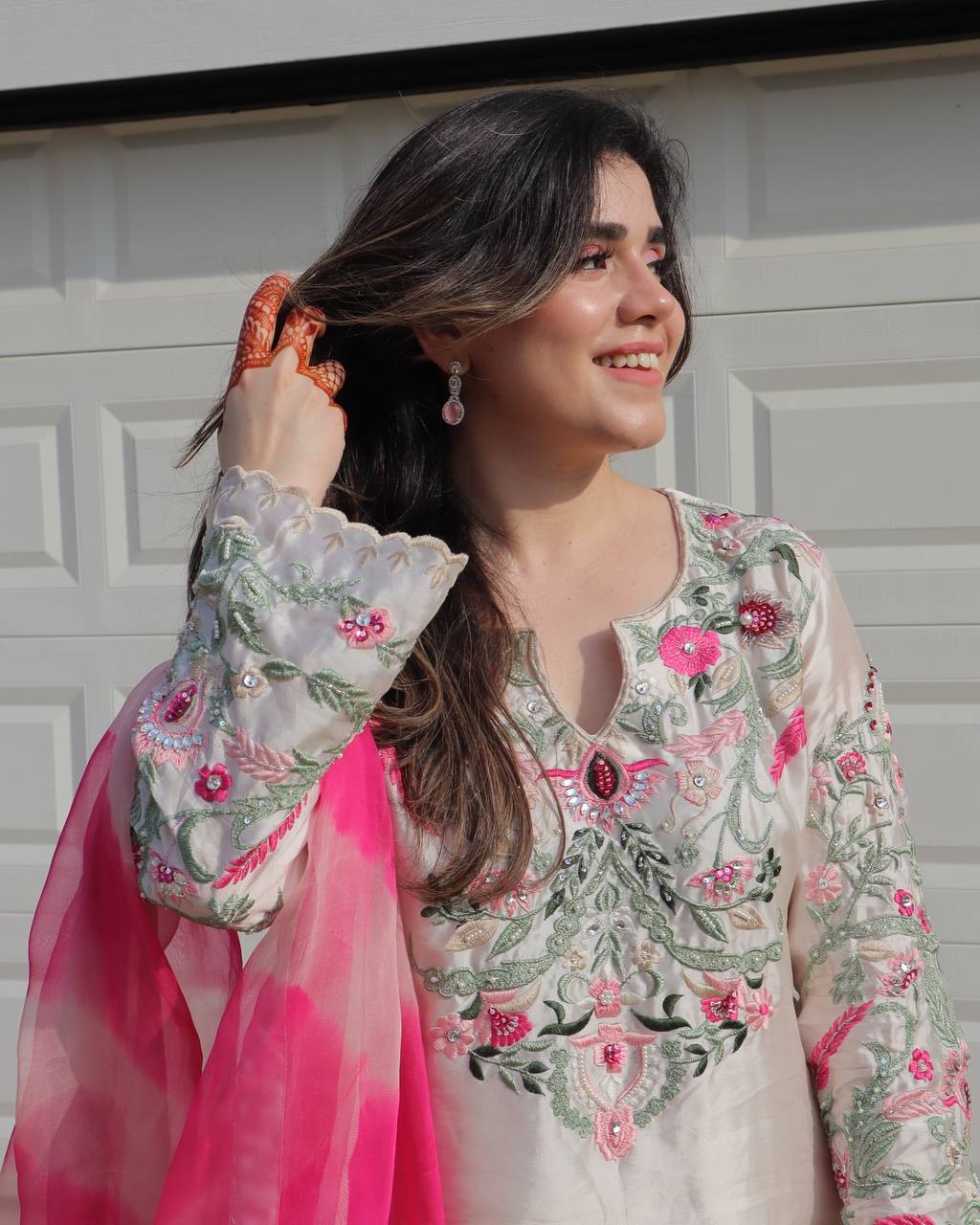New Designer Collection In Natural Crep Silk Top-Bottom And Dupatta Set Fully Stitched Ready To Wear
