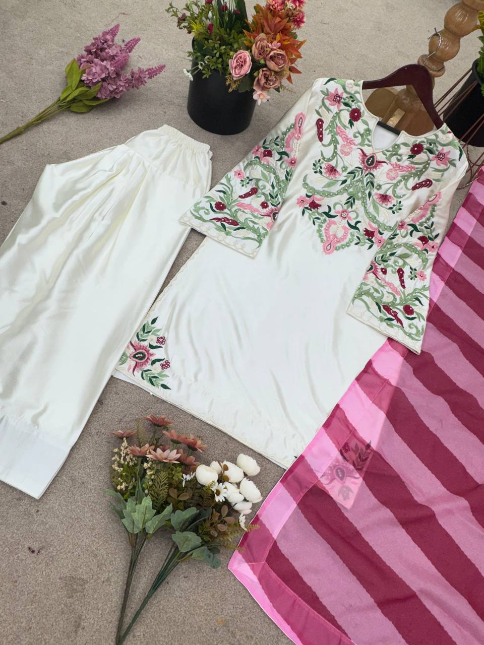 New Designer Collection In Natural Crep Silk Top-Bottom And Dupatta Set Fully Stitched Ready To Wear