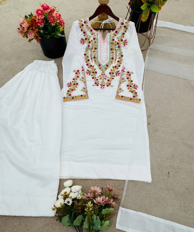 New Designer Collection In Natural Crep Silk Top-Bottom And Dupatta Set Fully Stitched Ready To Wear