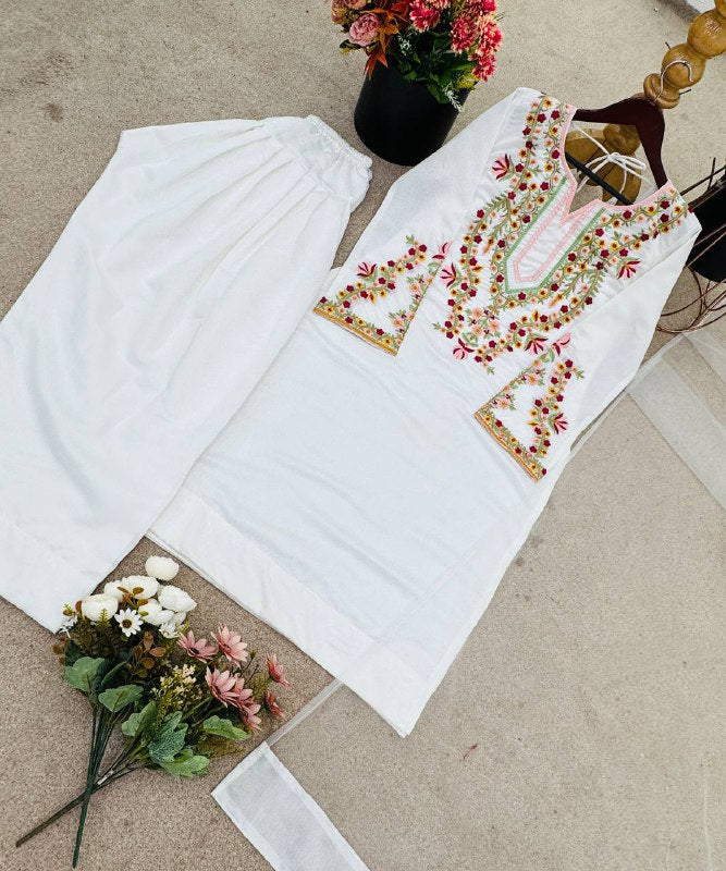 New Designer Collection In Natural Crep Silk Top-Bottom And Dupatta Set Fully Stitched Ready To Wear