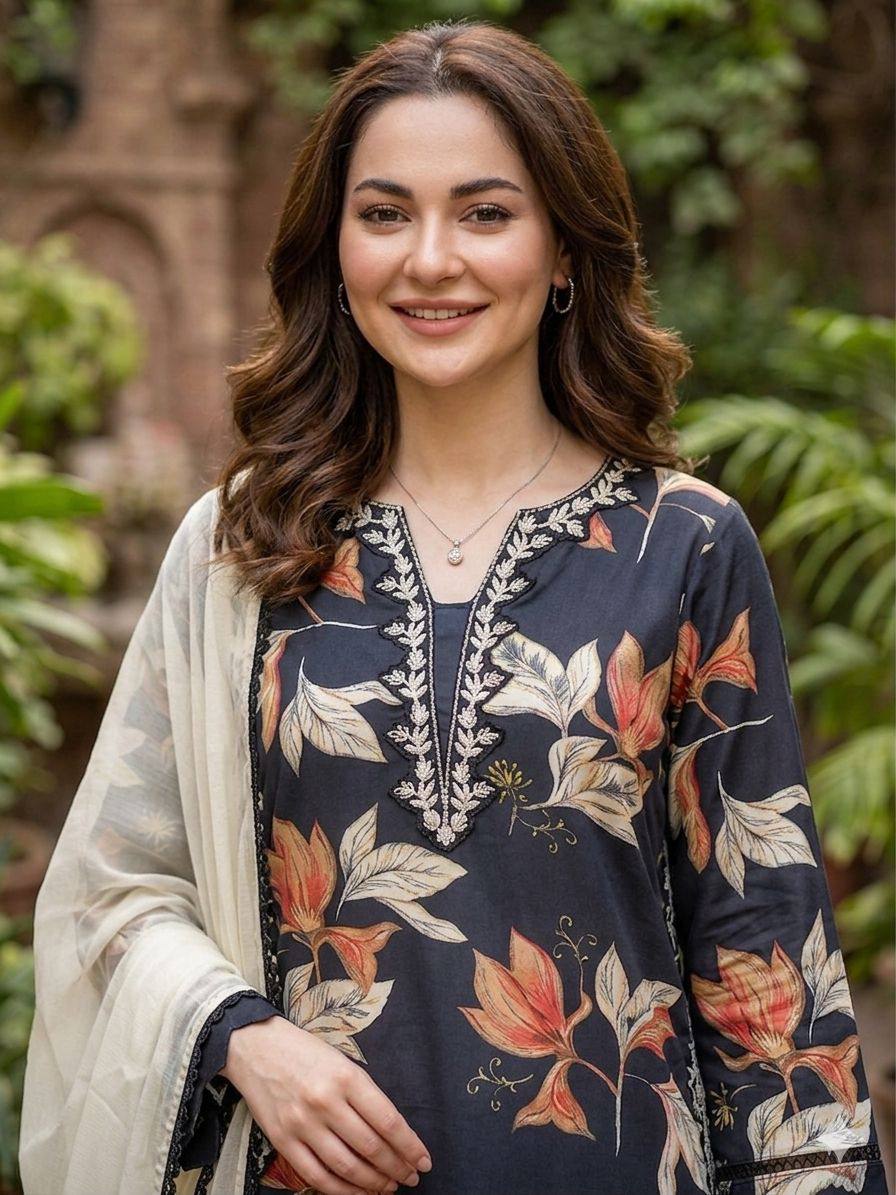 HANIA AMIR INSPIRED SUMMER SEASON WEAR PAKISTANI SUIT WITH EMBROIDERED TOP, PLAZZO AND DUPATTA