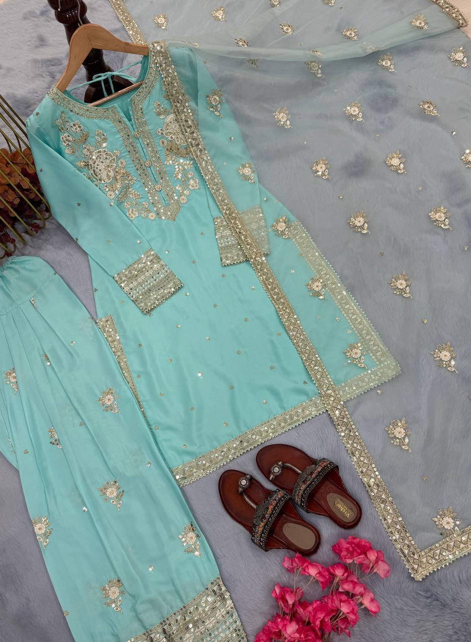 Đěsigner Party Wear Look Pur Natural Crepe Top & Farshi Palazzo With Dupatta set