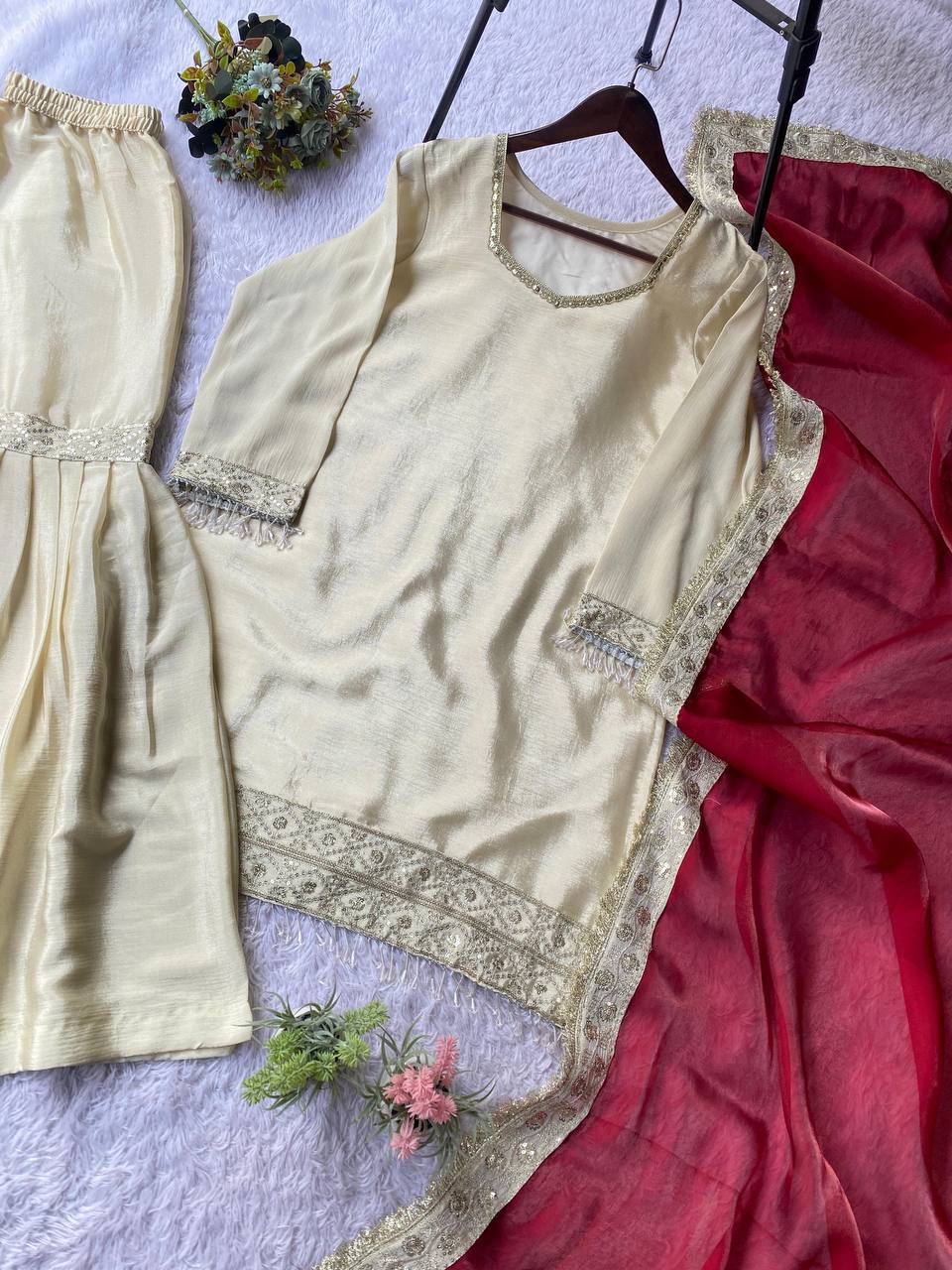 XCLUSIVE AND TRENDY FOR WEDDING SEASON OUR SEQUENCE EMBROIDERED TOP, SARARA AND DUPATTA