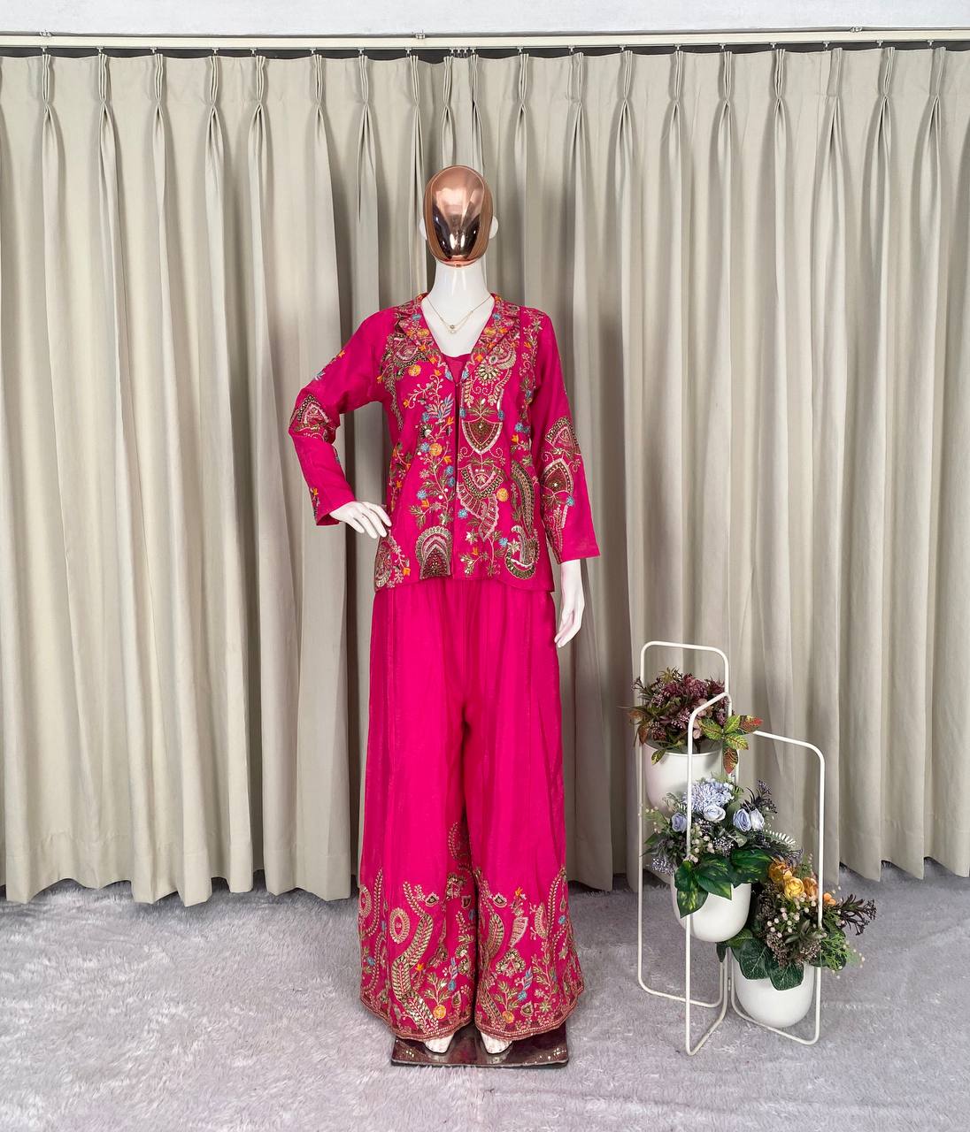 PARTY AND WEDDING OUR DESIGNER WEAR 3 PIECE PLAZZO PAIR WITH SEQUENCE EMBROIDERY WORK