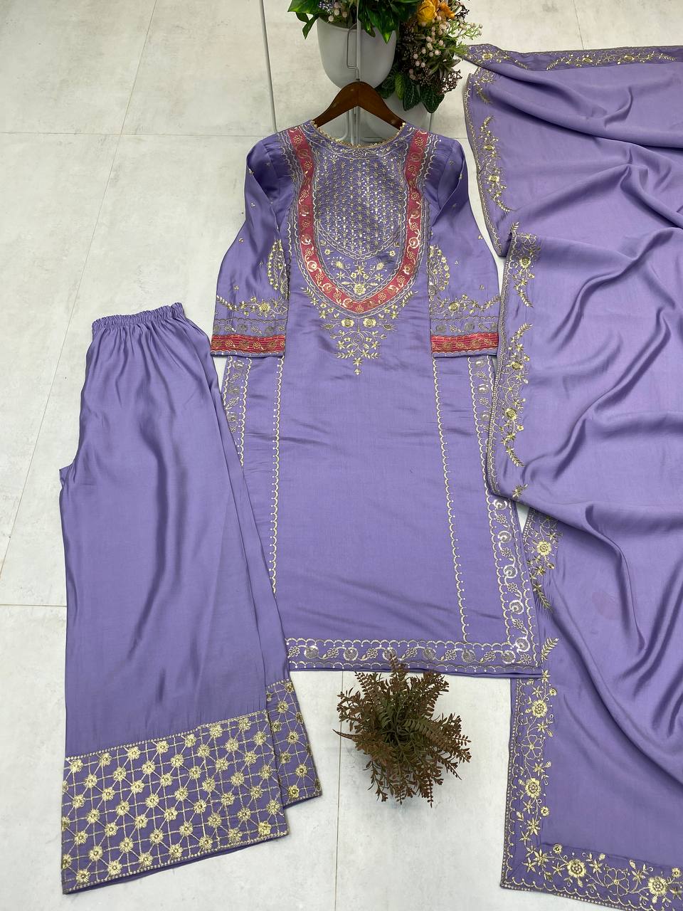 DESIGNER WEAR EMBROIDERED BOAT NECK TOP WITH PLAZZO PAIR single available wholesale
