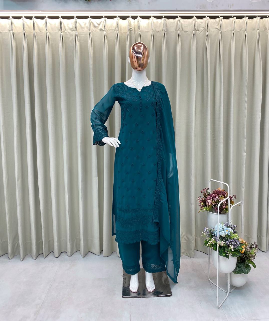 TRENDING PUMPUM NECK TOP WITH EMBROIDERY WORK WITH PANT AND DUPATTA