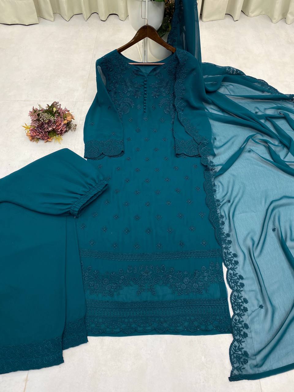 TRENDING PUMPUM NECK TOP WITH EMBROIDERY WORK WITH PANT AND DUPATTA