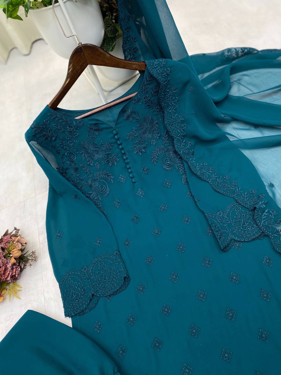 TRENDING PUMPUM NECK TOP WITH EMBROIDERY WORK WITH PANT AND DUPATTA