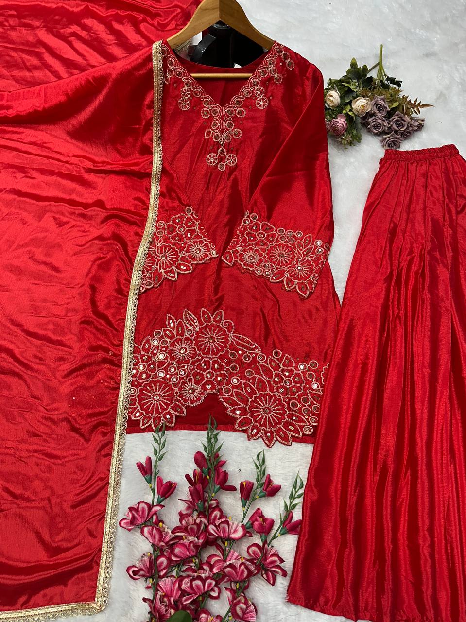 Designer Party Wear Look Top-Plazzo and Dupatta With Heavy Embroidery Beads Work