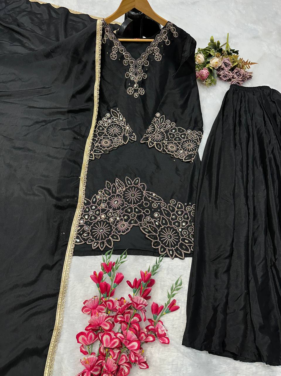 Designer Party Wear Look Top-Plazzo and Dupatta With Heavy Embroidery Beads Work