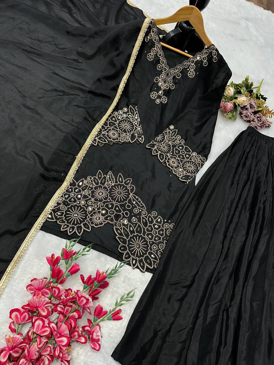 Designer Party Wear Look Top-Plazzo and Dupatta With Heavy Embroidery Beads Work