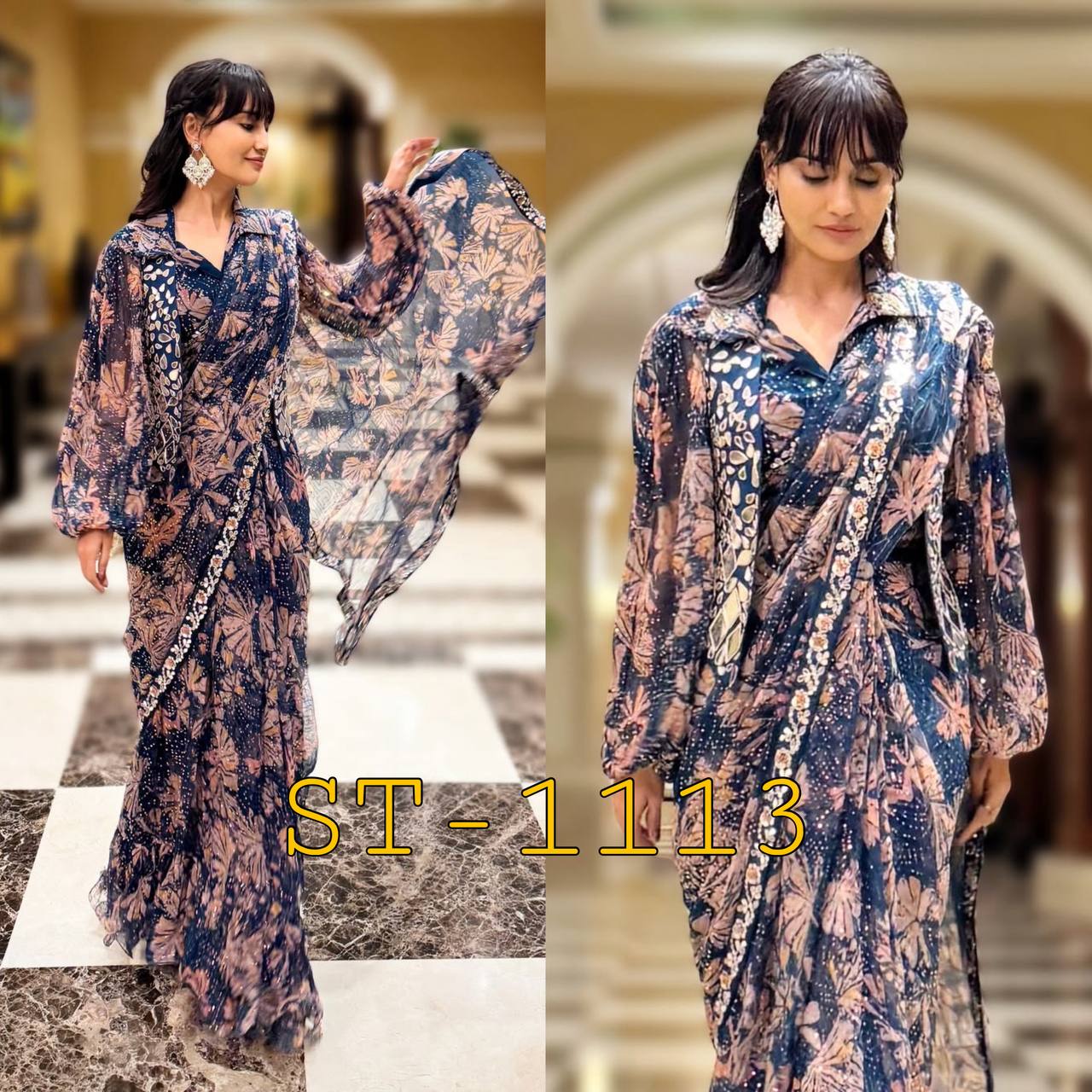 NEW SUPERHIT TRENDING INDO-WESTERN READY TO WEAR SAREE WITH FULLY EMBROIDERED MIRROR WORK KOTI ON PRINTED GEORGETTE FABRIC WITH STITCH BLOUSE