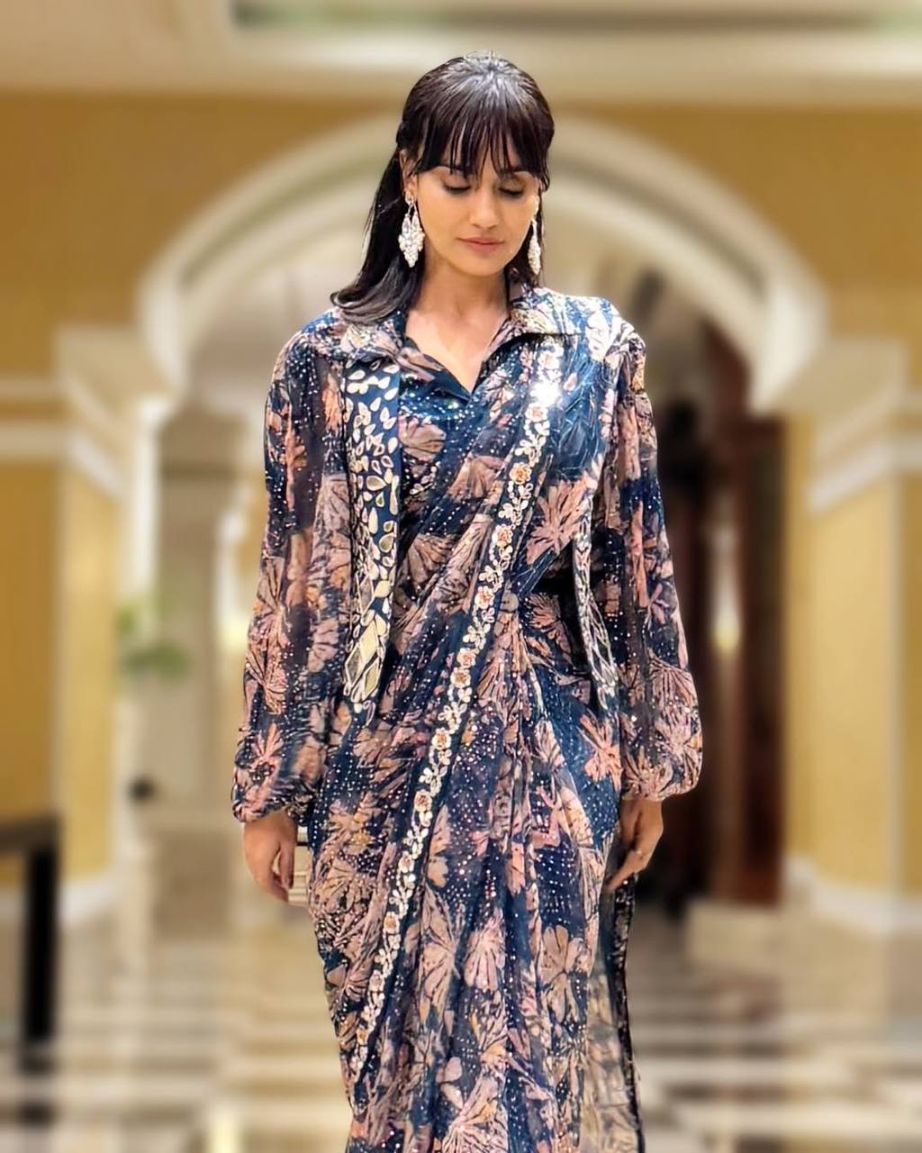 NEW SUPERHIT TRENDING INDO-WESTERN READY TO WEAR SAREE WITH FULLY EMBROIDERED MIRROR WORK KOTI ON PRINTED GEORGETTE FABRIC WITH STITCH BLOUSE