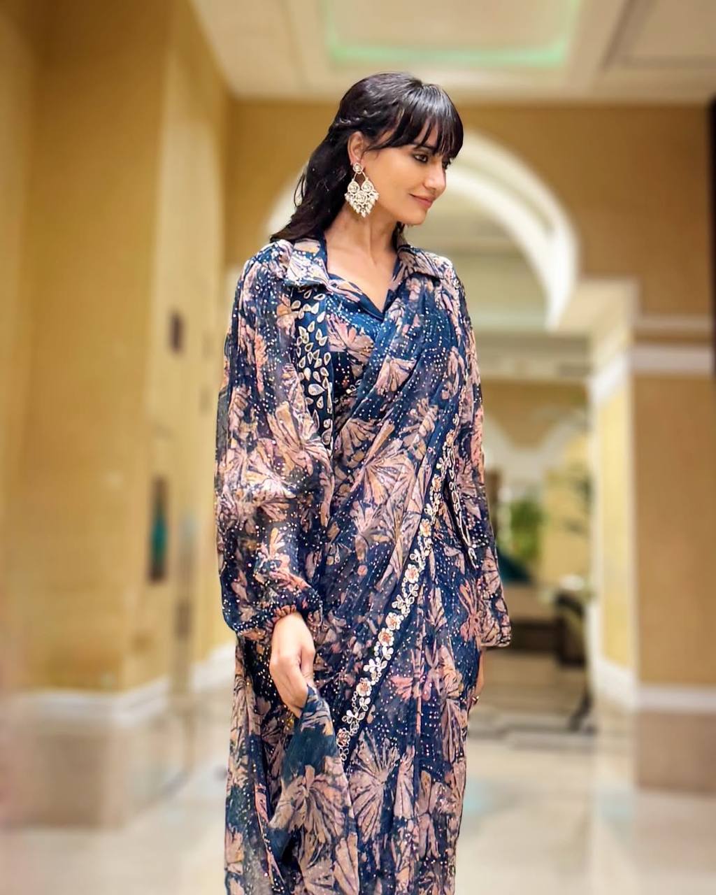 NEW SUPERHIT TRENDING INDO-WESTERN READY TO WEAR SAREE WITH FULLY EMBROIDERED MIRROR WORK KOTI ON PRINTED GEORGETTE FABRIC WITH STITCH BLOUSE