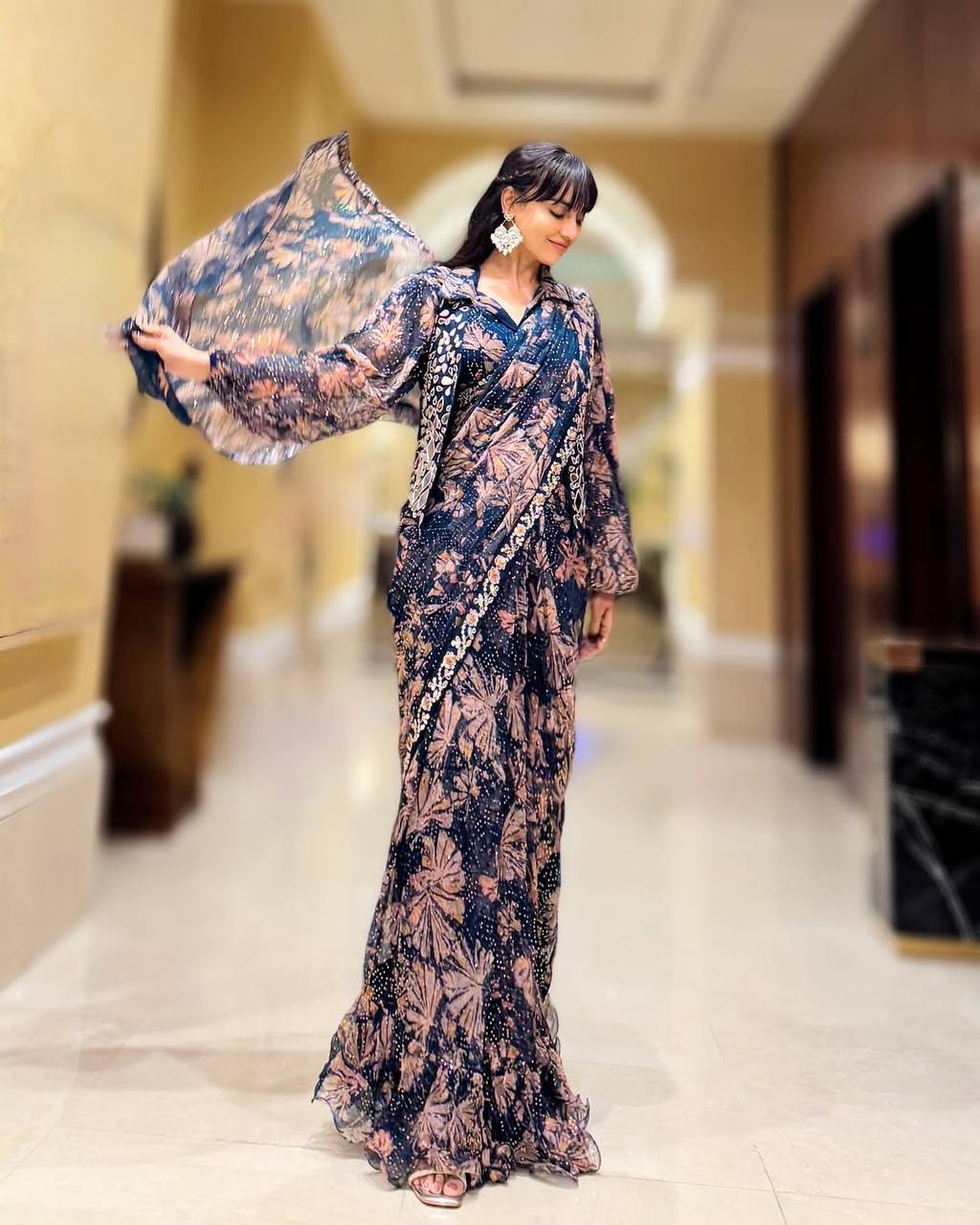 NEW SUPERHIT TRENDING INDO-WESTERN READY TO WEAR SAREE WITH FULLY EMBROIDERED MIRROR WORK KOTI ON PRINTED GEORGETTE FABRIC WITH STITCH BLOUSE