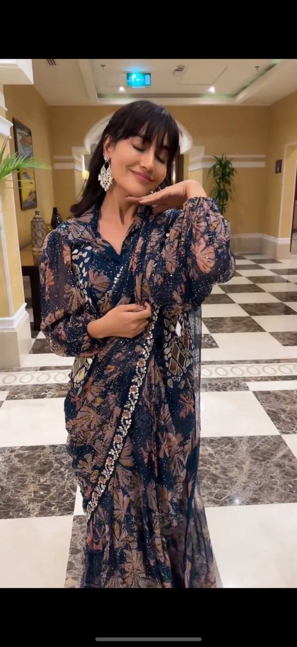 NEW SUPERHIT TRENDING INDO-WESTERN READY TO WEAR SAREE WITH FULLY EMBROIDERED MIRROR WORK KOTI ON PRINTED GEORGETTE FABRIC WITH STITCH BLOUSE