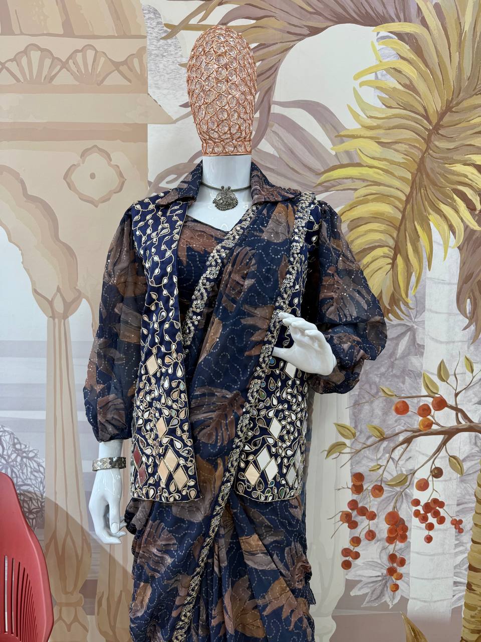 NEW SUPERHIT TRENDING INDO-WESTERN READY TO WEAR SAREE WITH FULLY EMBROIDERED MIRROR WORK KOTI ON PRINTED GEORGETTE FABRIC WITH STITCH BLOUSE