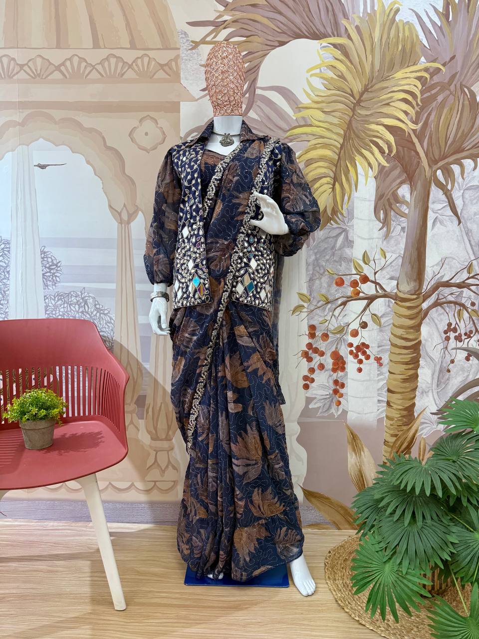 NEW SUPERHIT TRENDING INDO-WESTERN READY TO WEAR SAREE WITH FULLY EMBROIDERED MIRROR WORK KOTI ON PRINTED GEORGETTE FABRIC WITH STITCH BLOUSE