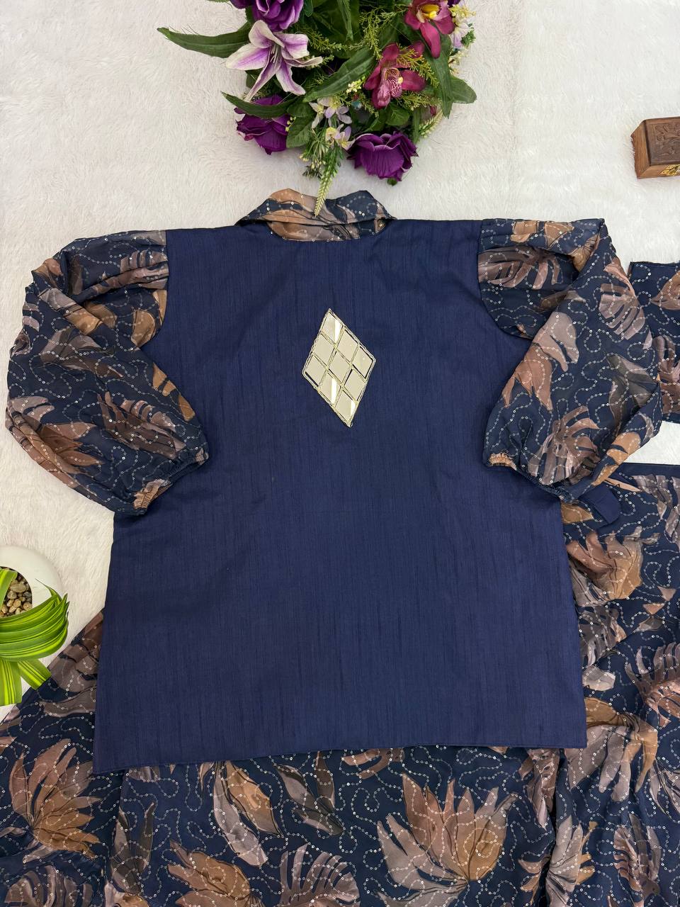 NEW SUPERHIT TRENDING INDO-WESTERN READY TO WEAR SAREE WITH FULLY EMBROIDERED MIRROR WORK KOTI ON PRINTED GEORGETTE FABRIC WITH STITCH BLOUSE