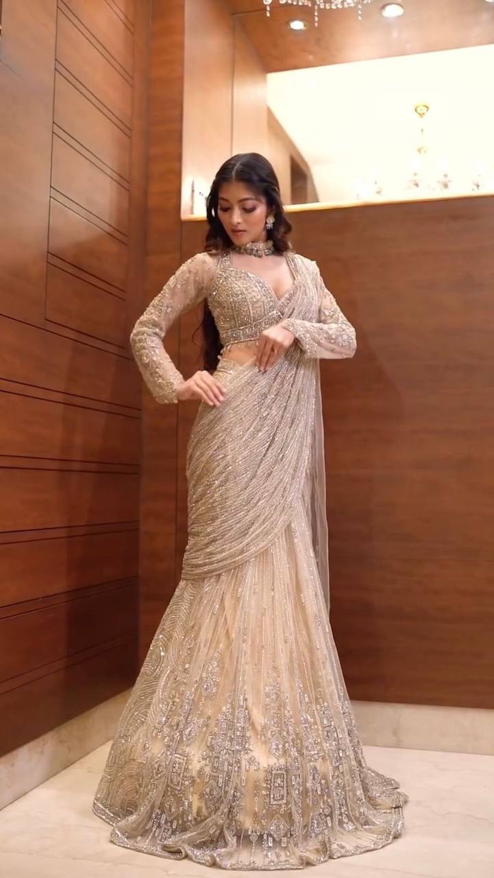 READY TO WEAR SAREE WITH LONG SLEEVES BLOUSEIN BUTTERFLY MET FABRIC*