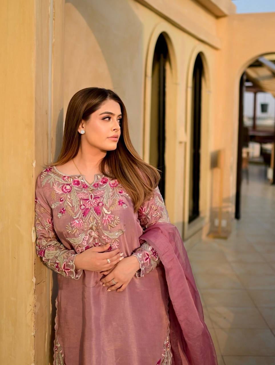 New Designer Collection In Natural Crep Silk Top-Bottom And Dupatta Set Fully Stitched Ready To Wear
