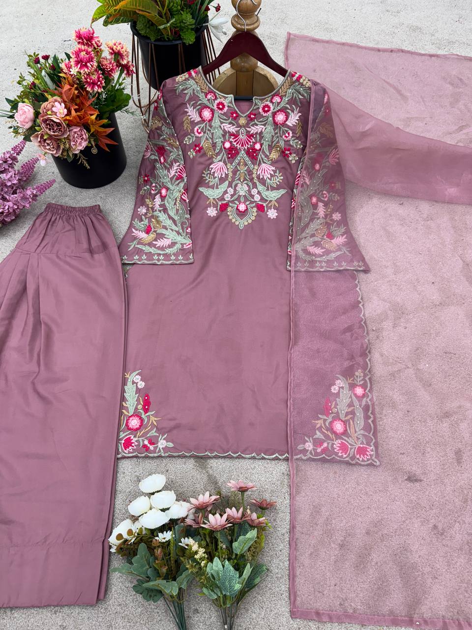New Designer Collection In Natural Crep Silk Top-Bottom And Dupatta Set Fully Stitched Ready To Wear