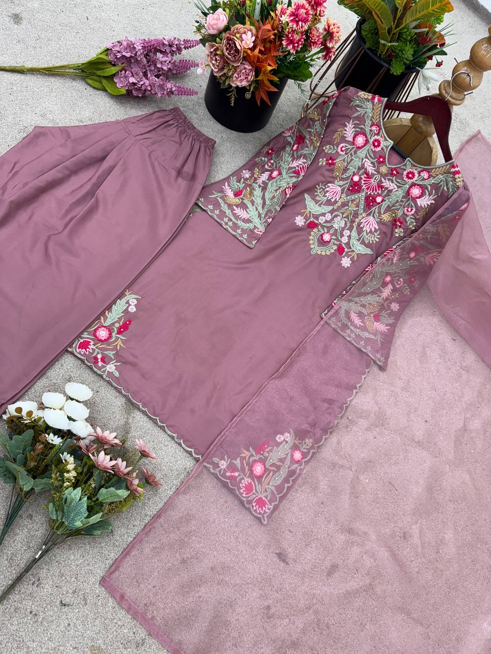 New Designer Collection In Natural Crep Silk Top-Bottom And Dupatta Set Fully Stitched Ready To Wear