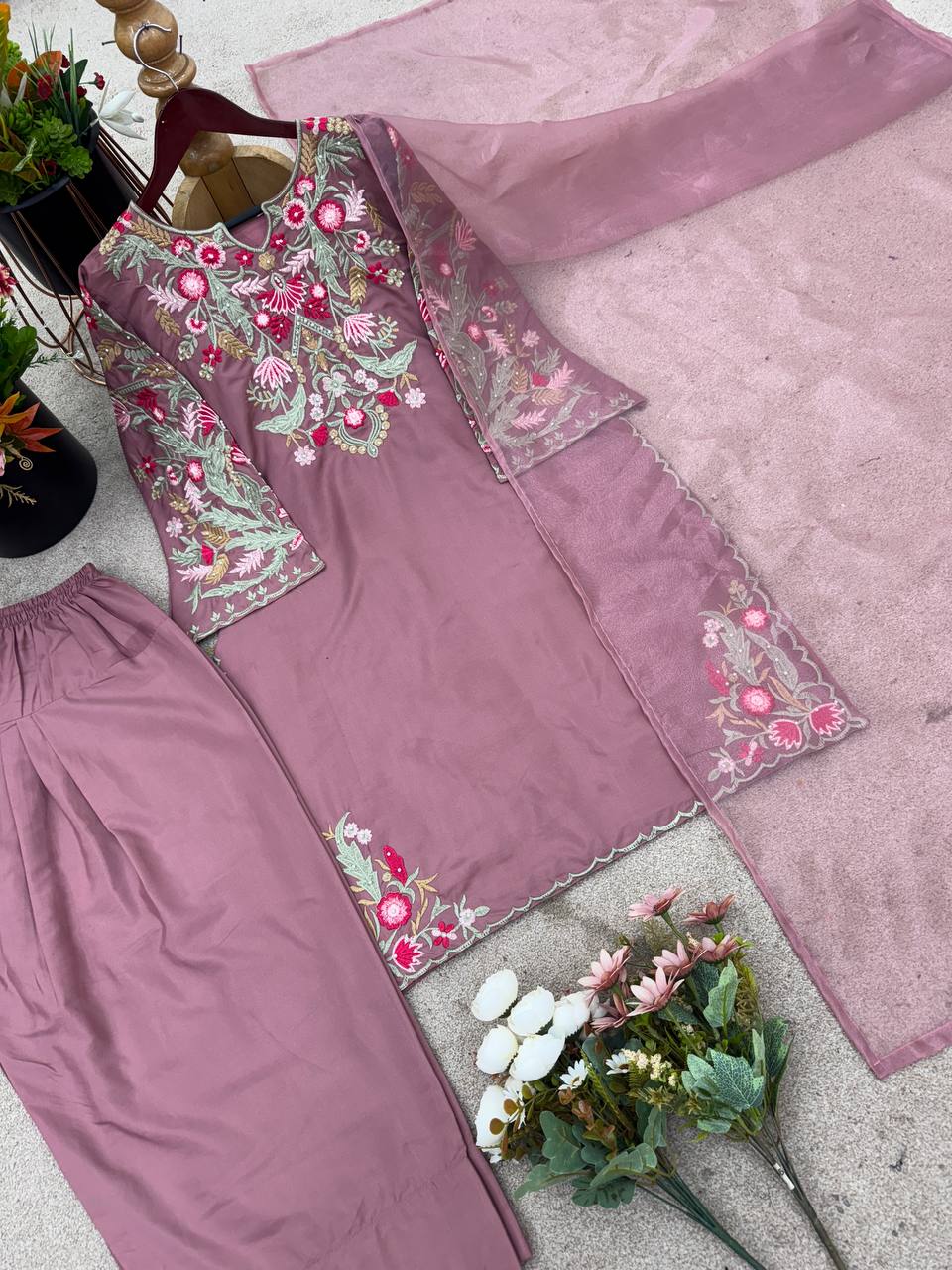 New Designer Collection In Natural Crep Silk Top-Bottom And Dupatta Set Fully Stitched Ready To Wear