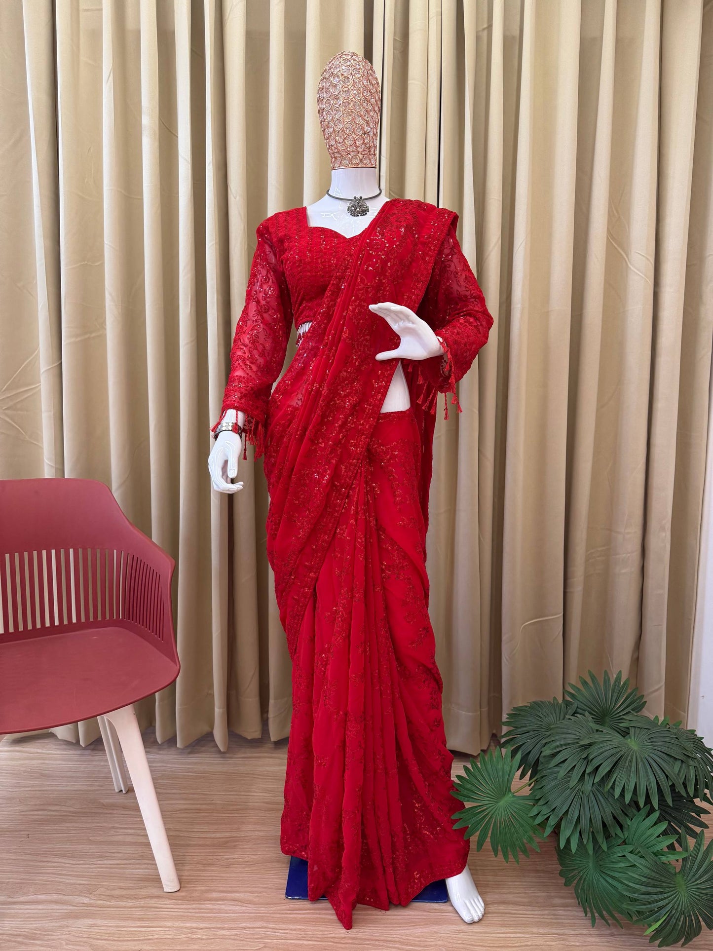 NEW SUPERHIT DESIGN ON FAUX GEORGETTE FABRIC WITH HEAVY EMBROIDERY & FANCY LACE WORK SAREE WITH STITCH BLOUSE single available wholesale