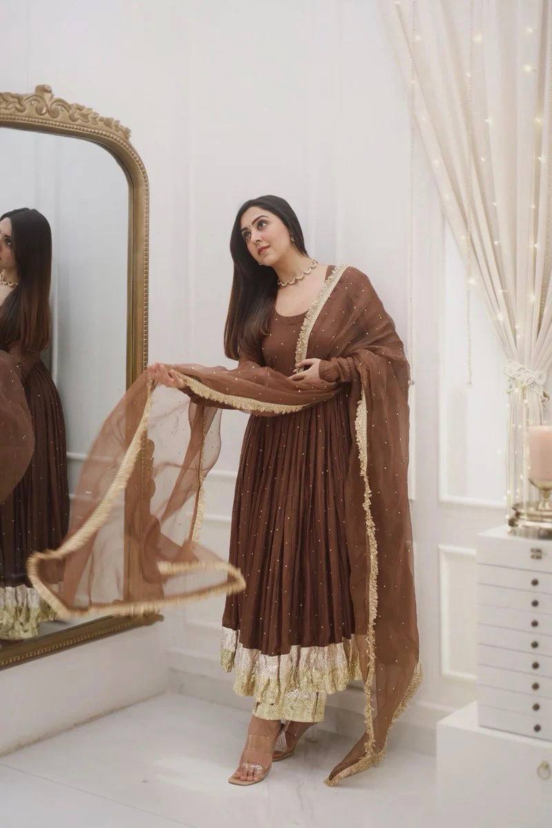 New Designer Party Wear Look Full Moti Work Gown With Fully Stiched and Dupatta Ready to Wear Collection