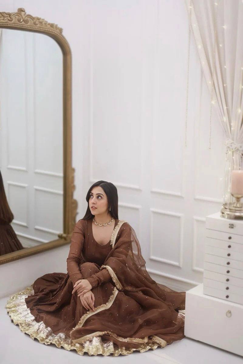 New Designer Party Wear Look Full Moti Work Gown With Fully Stiched and Dupatta Ready to Wear Collection